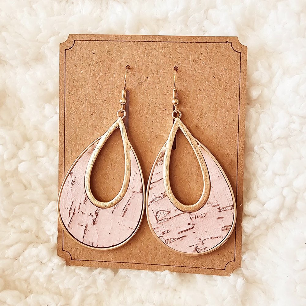5/$25 Gold and Pink Teardrop Earrings with Wood Texture